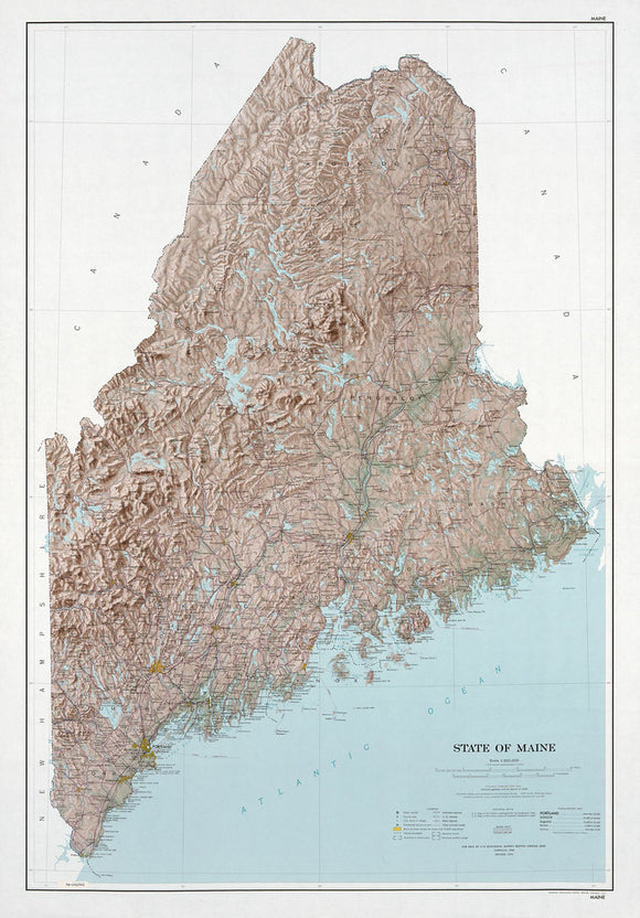 Map of State of Maine; base map with highways and contours, shaded relief Framed Push Pin Map