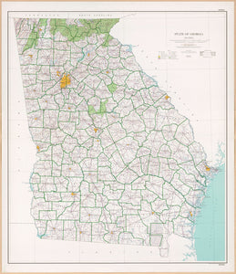 Map of State of Georgia : base map with highways and contours Framed Push Pin Map