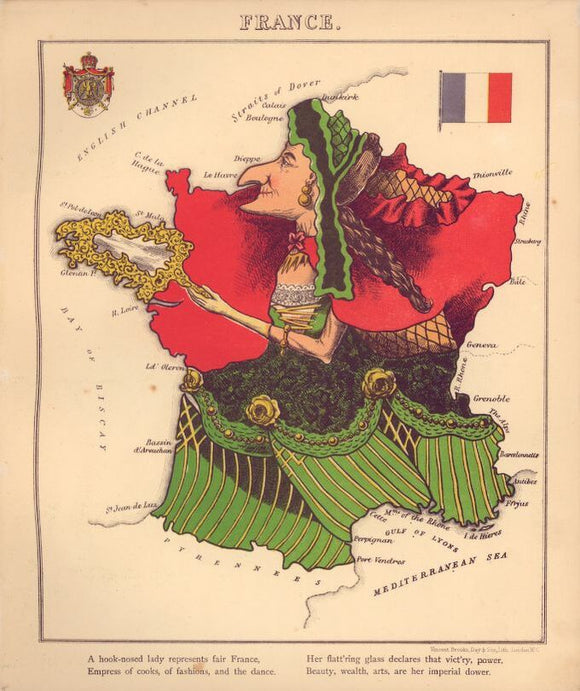 Vintage Map of France - Geographical fun : being humourous outlines of various countries, with an introduction and descriptive lines, 1868