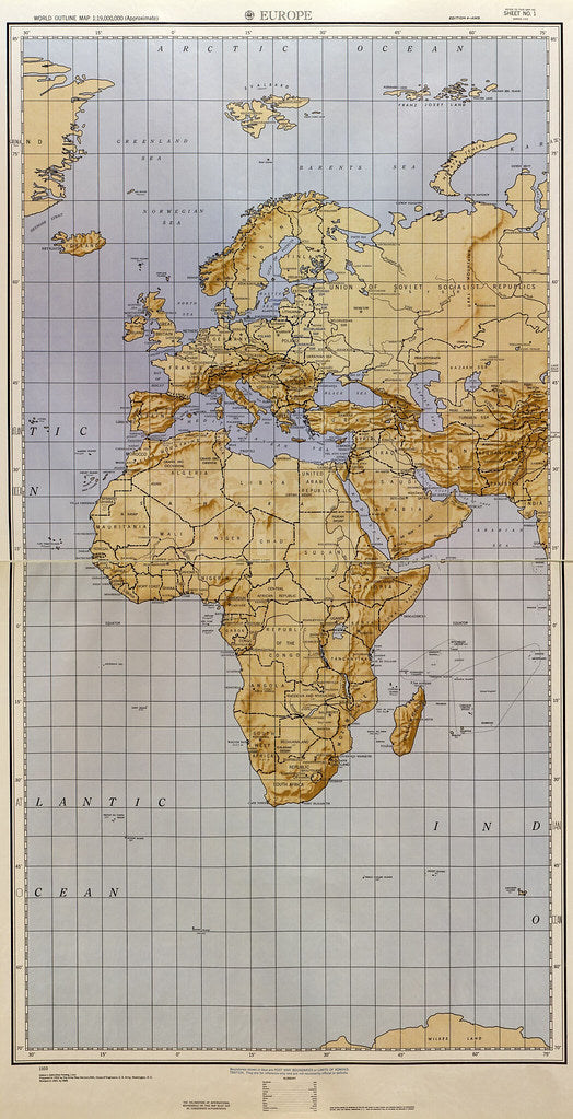 Map of Europe and Africa - World outline map 1:19,000,000 (approximate), 1961 Framed Push Pin Map