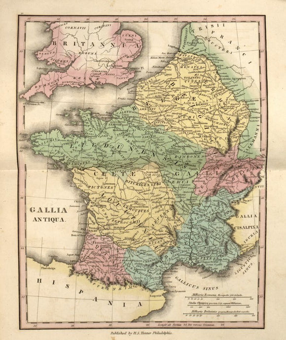 Vintage Map of France, Gallia antiqua - Ancient Geography - An atlas of ancient geography : comprehended in sixteen maps, selected from the most approved works : to elucidate the writings of the ancient authors, both sacred and profane, 1826