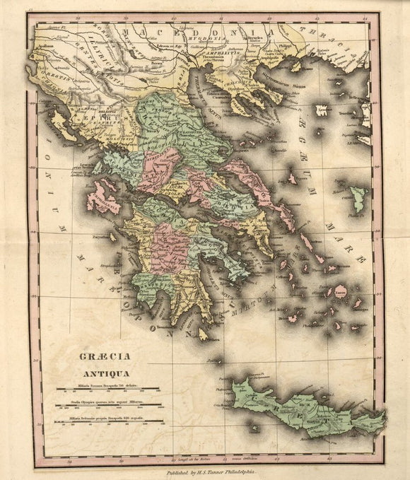 Vintage Map of Greece, Graecia antiqua - Ancient Geography - An atlas of ancient geography : comprehended in sixteen maps, selected from the most approved works : to elucidate the writings of the ancient authors, both sacred and profane, 1826