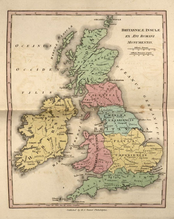 Vintage Map of Great Britain, Britannicae antiqua - Ancient Geography - An atlas of ancient geography : comprehended in sixteen maps, selected from the most approved works : to elucidate the writings of the ancient authors, both sacred and profane, 1826