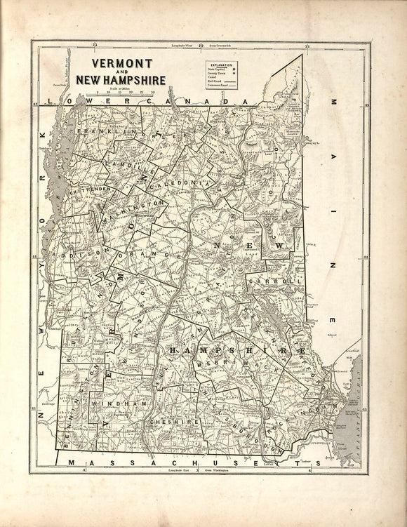 Vintage Map of Vermont & New Hampshire - North American Atlas, 1842