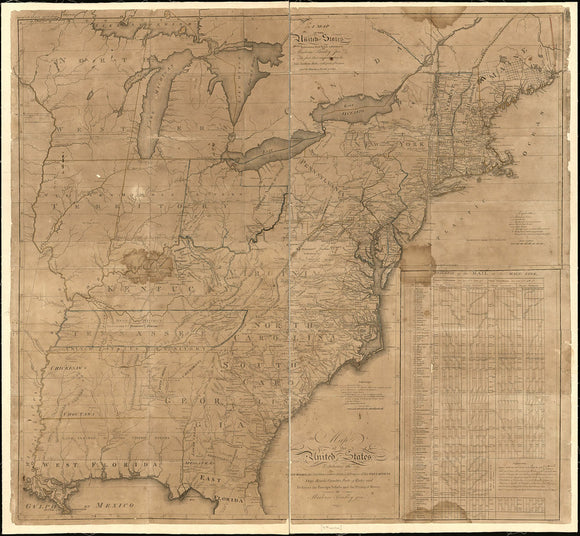 Vintage Map of the United States, exhibiting the post-roads, the situations, connections & distances of the post-offices, stage roads, counties, ports of entry and delivery for foreign vessels, and the principal rivers, 1796