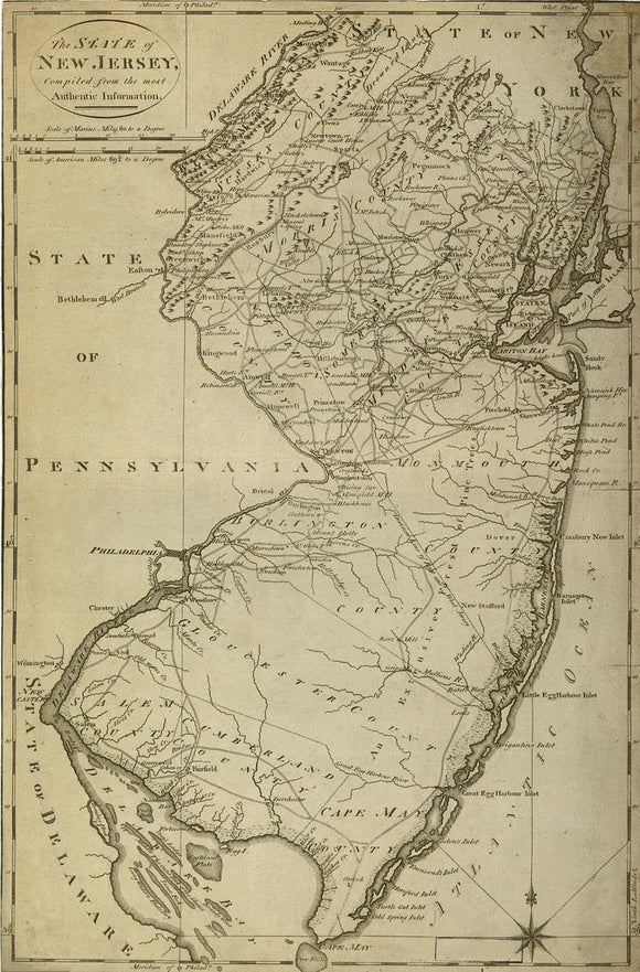 Vintage Map of The State of New Jersey, compiled from the most authentic information., 1795