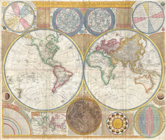 A General Map of the World, or Terraqueous Globe with all the New Discoveries and Marginal Delineations, Containing the Most Interesting Particulars in the Solar, Starry and Mundane System, 1794
