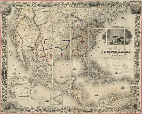 Vintage Map of the United States of America, the British provinces, Mexico, the West Indies and Central America with part of New Granada and Venezuela, 1852