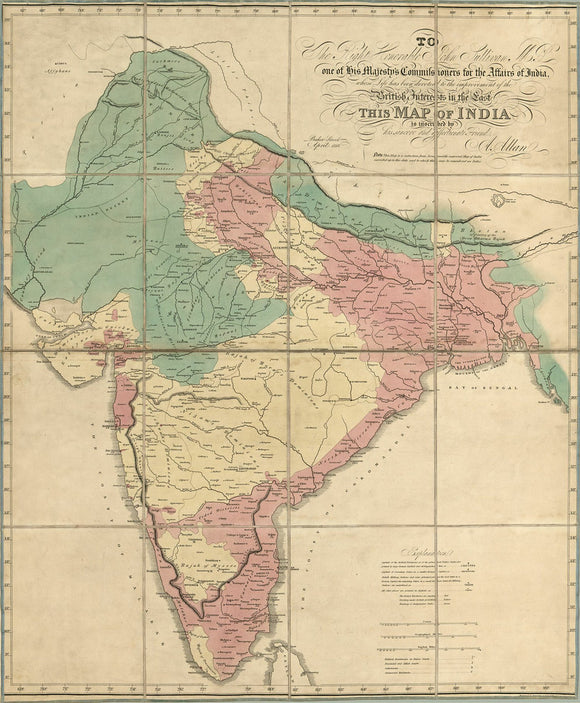Vintage Map of India, to the right honorable John Sullivan, M.P., one of his Majesty's Commissioners for the Affairs of India, whose life has been devoted to the improvement of the British interests in the past, this map of India, 1818