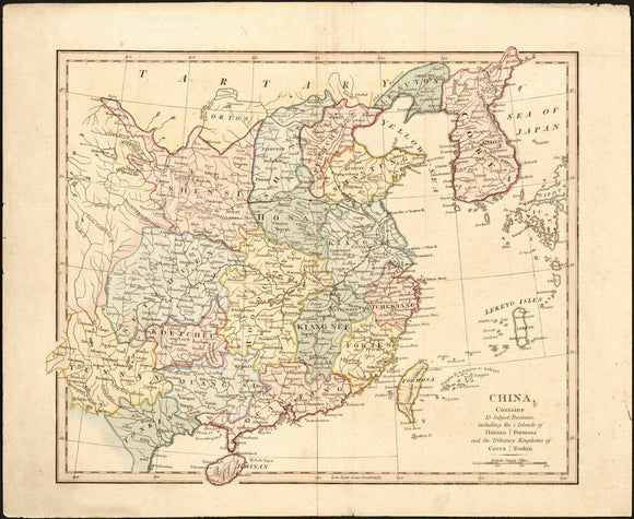 Vintage Map of China, contains 15 subject provinces, including the islands of Hainan, Formosa, and the tributary kingdoms of Corea, Tonkin, 1810