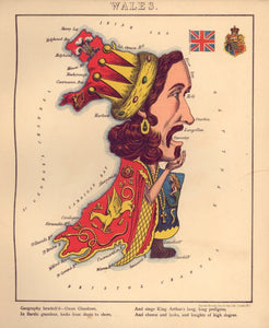 Vintage Map of Wales - Geographical fun : being humourous outlines of various countries, with an introduction and descriptive lines, 1868