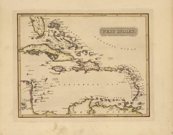 Vintage Map of the Caribbean Sea, West Indies, 1817