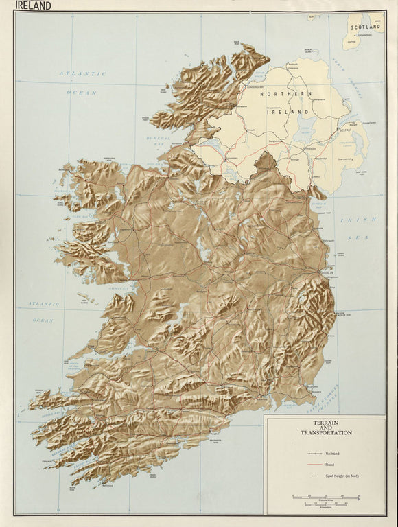 Map of Ireland: Terrain and transportation Framed Push Pin Map