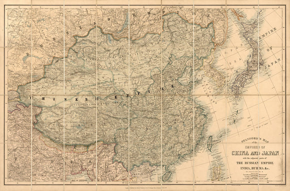 Vintage Map of the Empires of China and Japan with the adjacent parts of the Russian Empire, India, Burma, 1880
