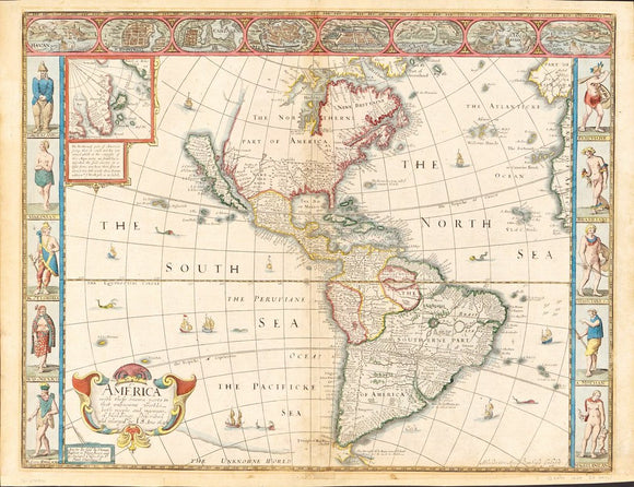 Vintage Map of North America and South America, 1626