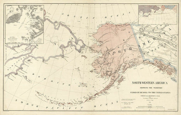 Vintage Map of Northwestern America showing the territory ceded by Russia to the United States - Alaska, 1867