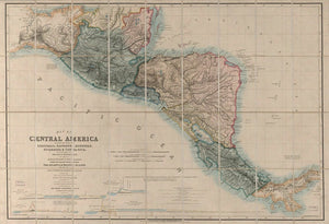 Vintage Map of Central America including Guatemala, El Salvador, Honduras, Nicaragua, Costa Rica, Belize and parts of Mexico, 1850