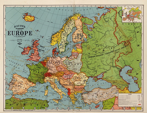 Vintage Standard Map of Europe, 1925
