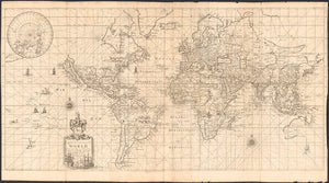 Vintage Map of the World, To Capt. John Wood, drawn according to Mercators projection, is humbly dedicated, 1690