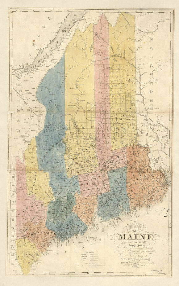 Vintage Map of Maine : constructed from the most correct surveys with sectional distances and elevations, or level, of the St. Croix River from Calais Bridge deduced from the states survey, 1840