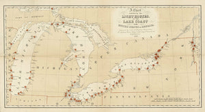 Vintage chart exhibiting the lighthouses of the lake coast of the United States of America, 1848