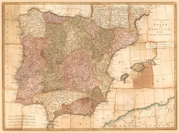 Vintage Map of the Kingdoms of Spain and Portugal, divided into their great provinces, 1772