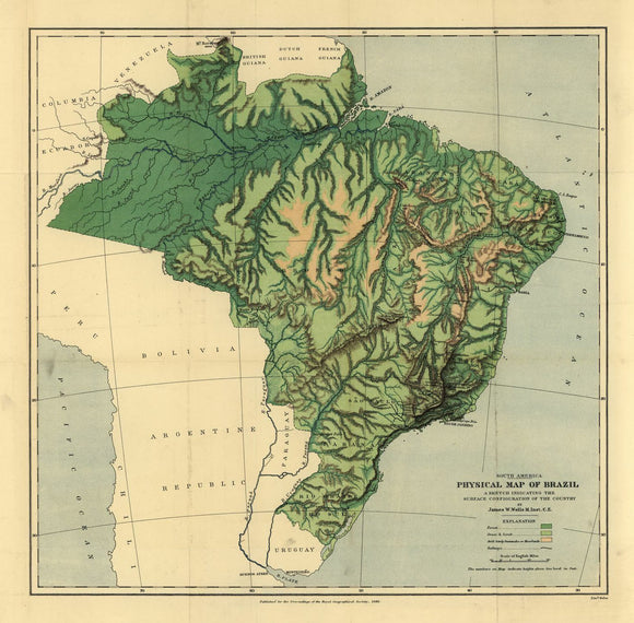 Vintage Physical Map of Brazil, 1886