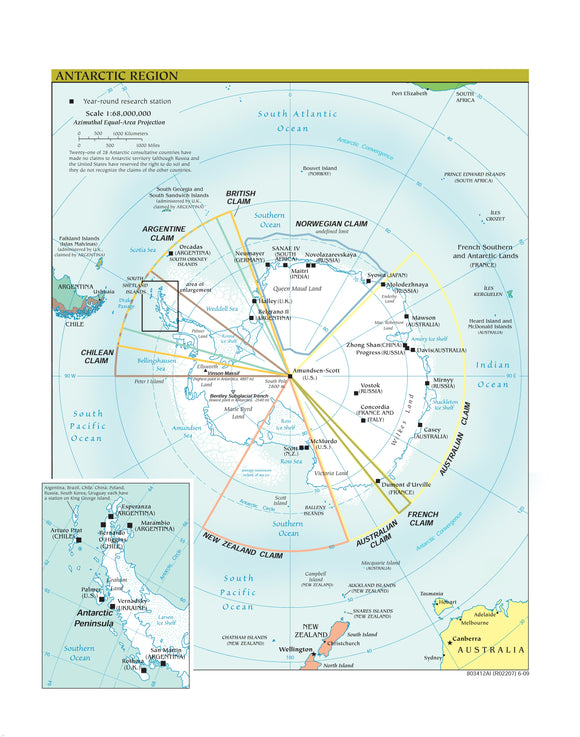 Antarctic Region Map - Political Framed Push Pin Map