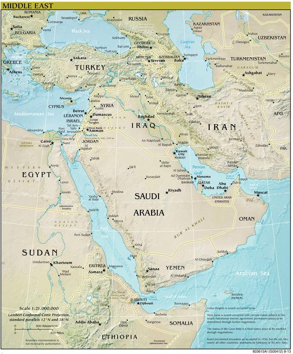 Middle East Map - Physical Framed Dry Erase Map