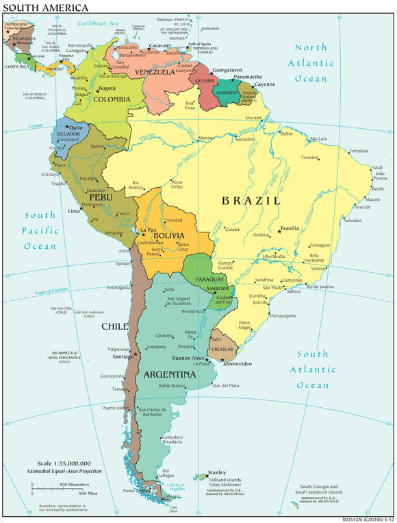 South America Map - Political Framed Push Pin Map