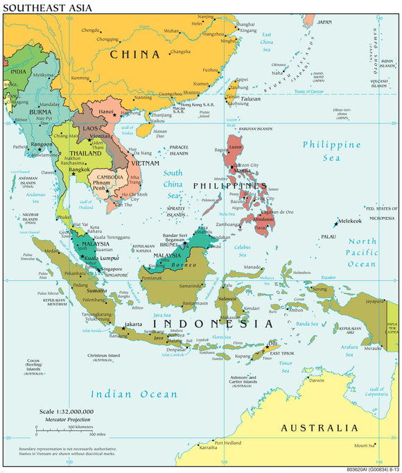 Southeast Asia Map - Political Framed Push Pin Map