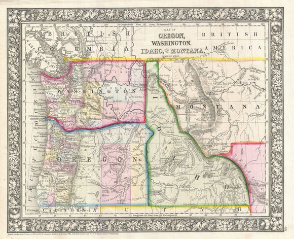 Map of Washington, Oregon, Idaho and Montana, 1866
