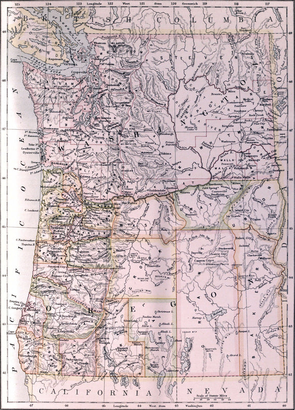 Map of Oregon State and Washington Territory, 1884