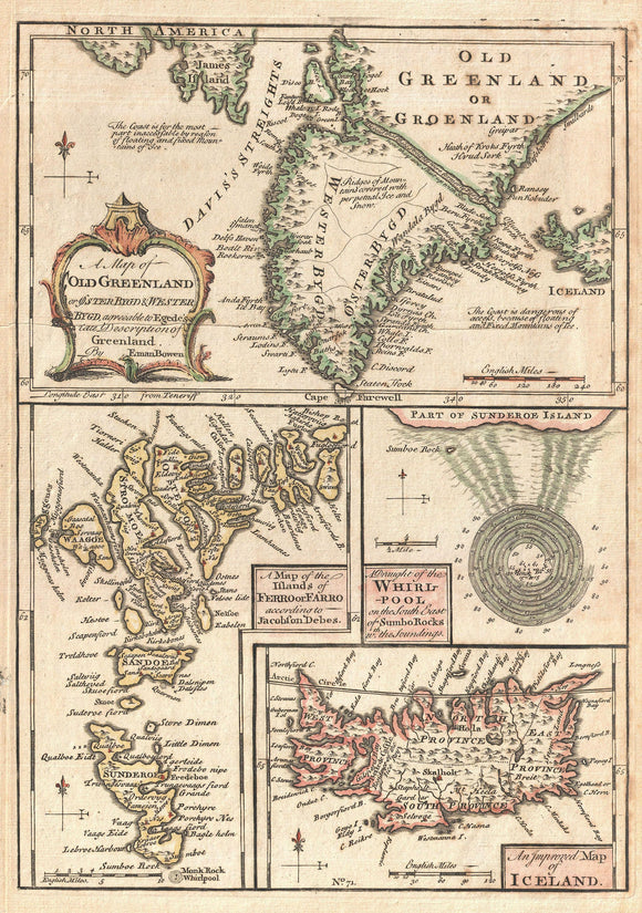 Map of the North Atlantic Islands, Greenland, Iceland, Faroe Islands Maelstrom, 1747