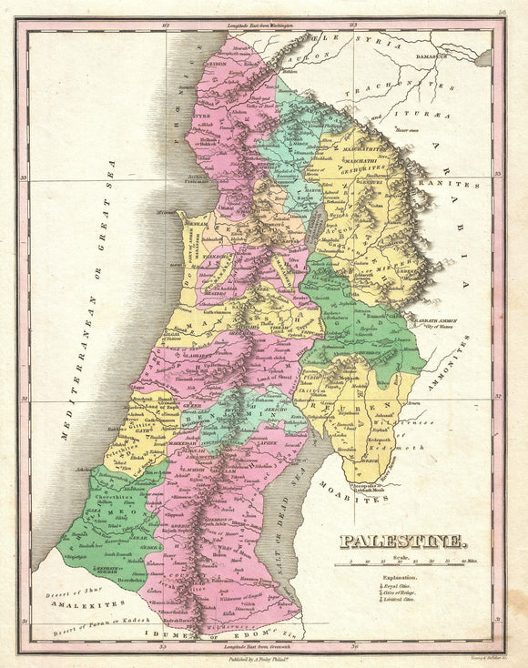 Map of Israel - Palestine - Holy Land, 1827 Framed Dry Erase Map