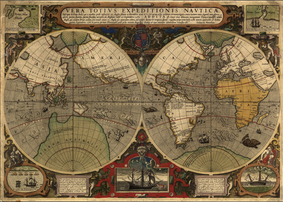 World Map by Jodocus Hondius - Vera Totius Expeditionis Nauticae, 1595