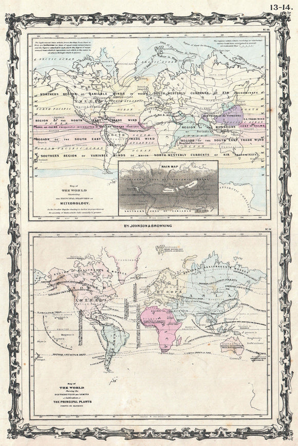 Map of the World Illustrating the Principal Features of Meteorology - Showing the Distributions and Limitations of Cultivation of the Principal Plants Useful to Mankind, 1862
