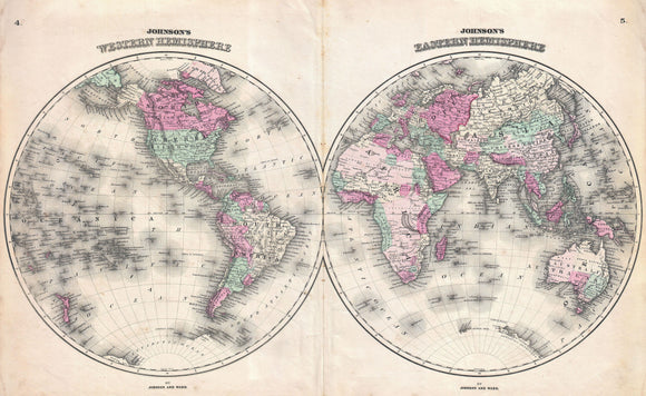 Map of the World - Johnson's Western Hemisphere - Johnson's Eastern Hemisphere, 1862