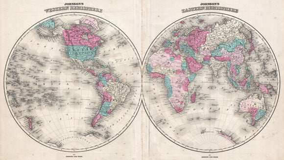 Map of the World - Johnson's Western Hemisphere - Johnson's Eastern Hemisphere, 1866